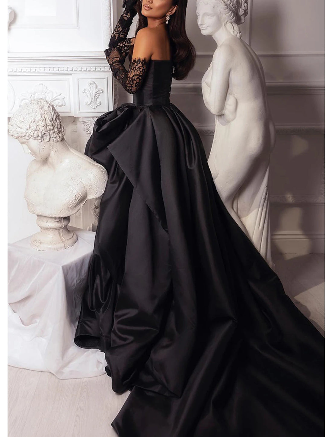 Luolandi A-Line Evening Gown Black Dress Plus Size Dress Carnival Masquerade Court Train Sleeveless Strapless Wednesday Addams Family Satin with Slit Without Gloves